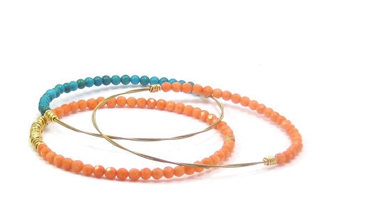 Beaded Bangle Bracelets // Guitar String Jewelry // Recycled Eco-Friendly // Set of 3 // Coral Turquoise  Purple Gold // Handmade Recycled