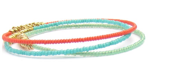 Seed Bead Bangle Bracelets // Set of 3 Bangle Bracelets // MInt, Coral, Turquoise // Gold Wire Wrap // Recycled Eco-Friendly Jewelry // Gift