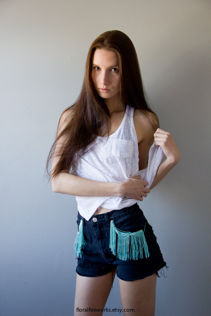 Fringe Shorts, Vintage Distressed High Waisted Black Denim, Upcycled W26