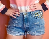 Studded Shorts Vintage Distressed High Waisted Blue Denim Hipster Boho Hippie Pocket Gold Upcycled Levi Large W30