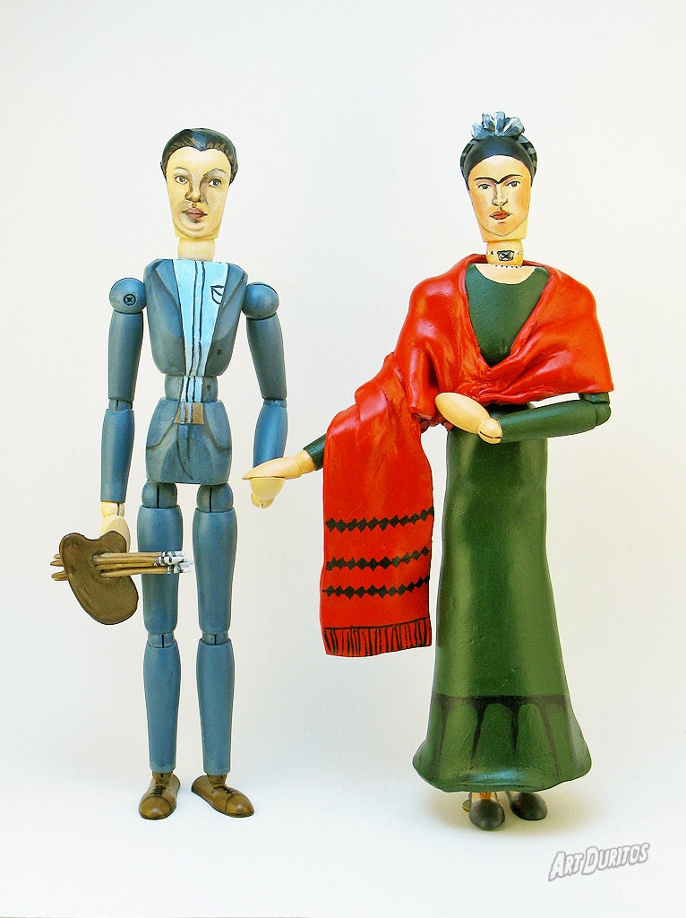 Frida Kahlo & Diego Rivera Art Doll - Sculpture - Unusual Art - Articulated Wooden Figure - Original Pop Art - Hand painted
