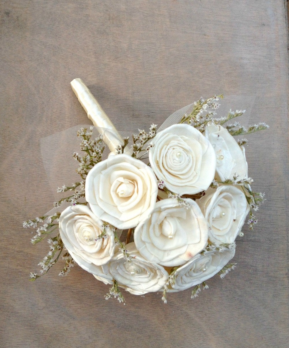 Soft White Wildflower and Ivory Sola Rose Bouquet - Wedding Bouquet - Cream Tulle, Sola Wood Flowers, Flower, Alternative Bridal Bouquet