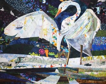 White Egret in Dark Water - quilt fabric art