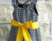 Girls boutique party dress- Black and white chevron dress with yellow sash- Made to order