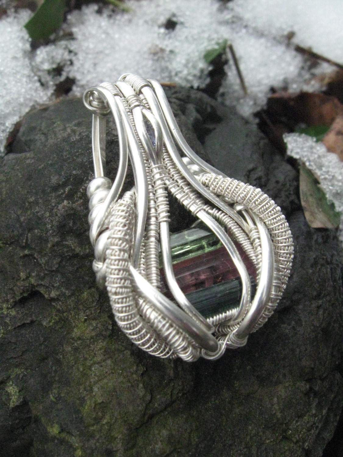 Stacked Tourmalines - Indicolite, Rubellite and Verdelite Wire Wrapped Artisan Pendant in Sterling Silver