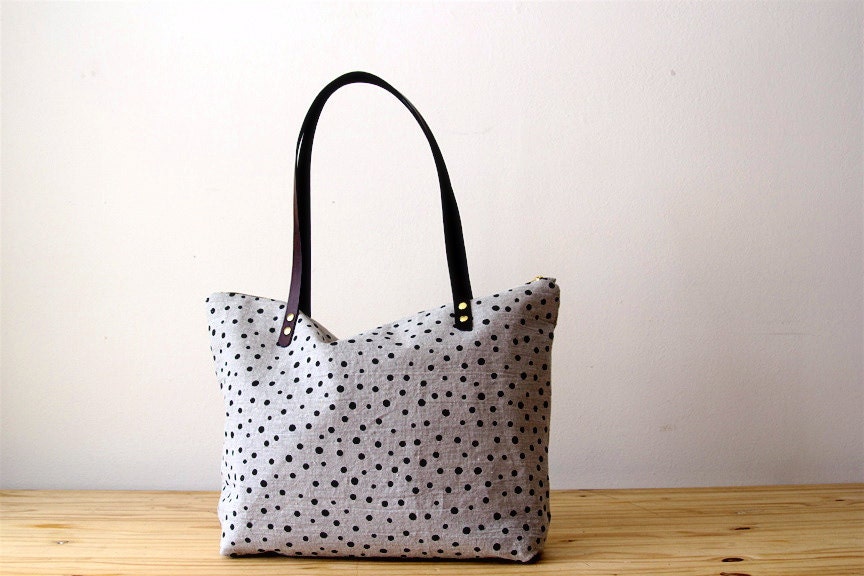 Hand Printed Linen Tote Bag Black Polka Dots - Brown Leather Handles