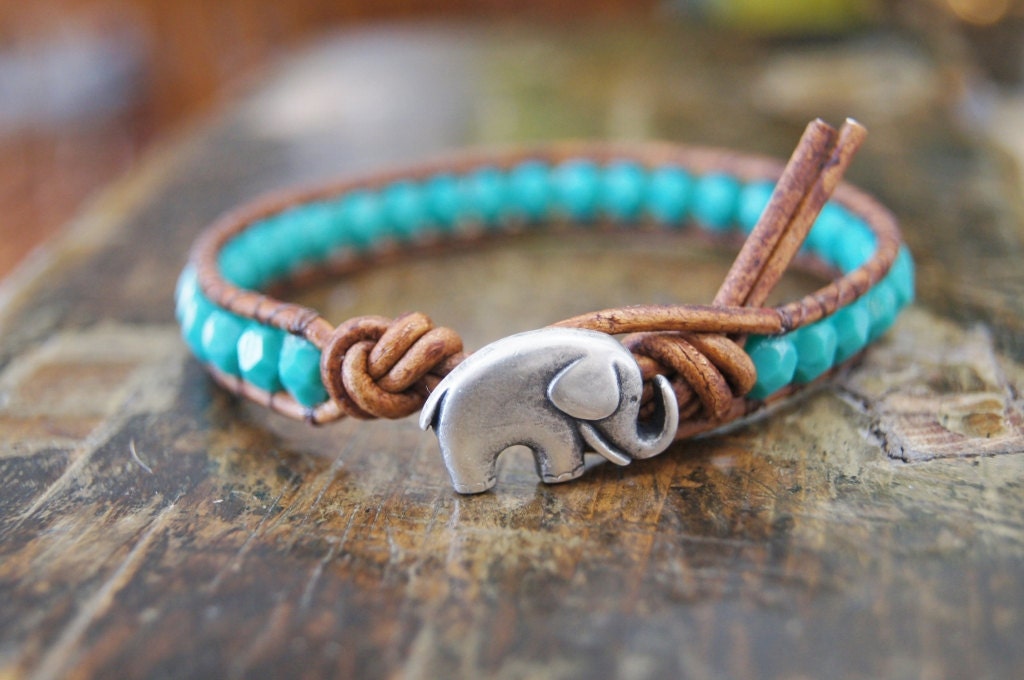 Leather Beaded Bracelet Turquoise Baby Elephant Button Boho Bohemian Shabby Chic Rustic