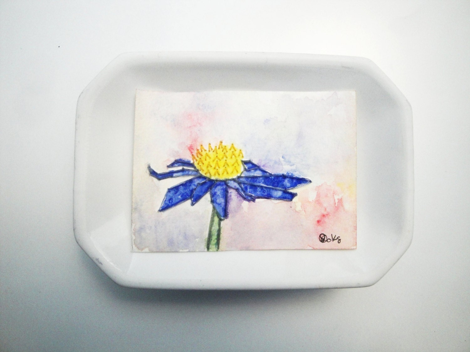 Original ACEO - Embroidered Watercolor - Blue Flower - Blue, Yellow, Red, Green, Garden, Summer