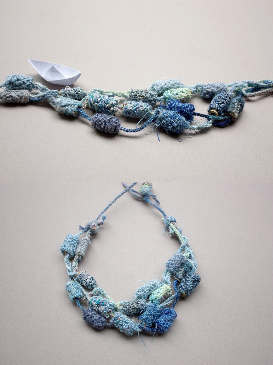 Blue knitted multi strand necklace with bamboo beads, OOAK
