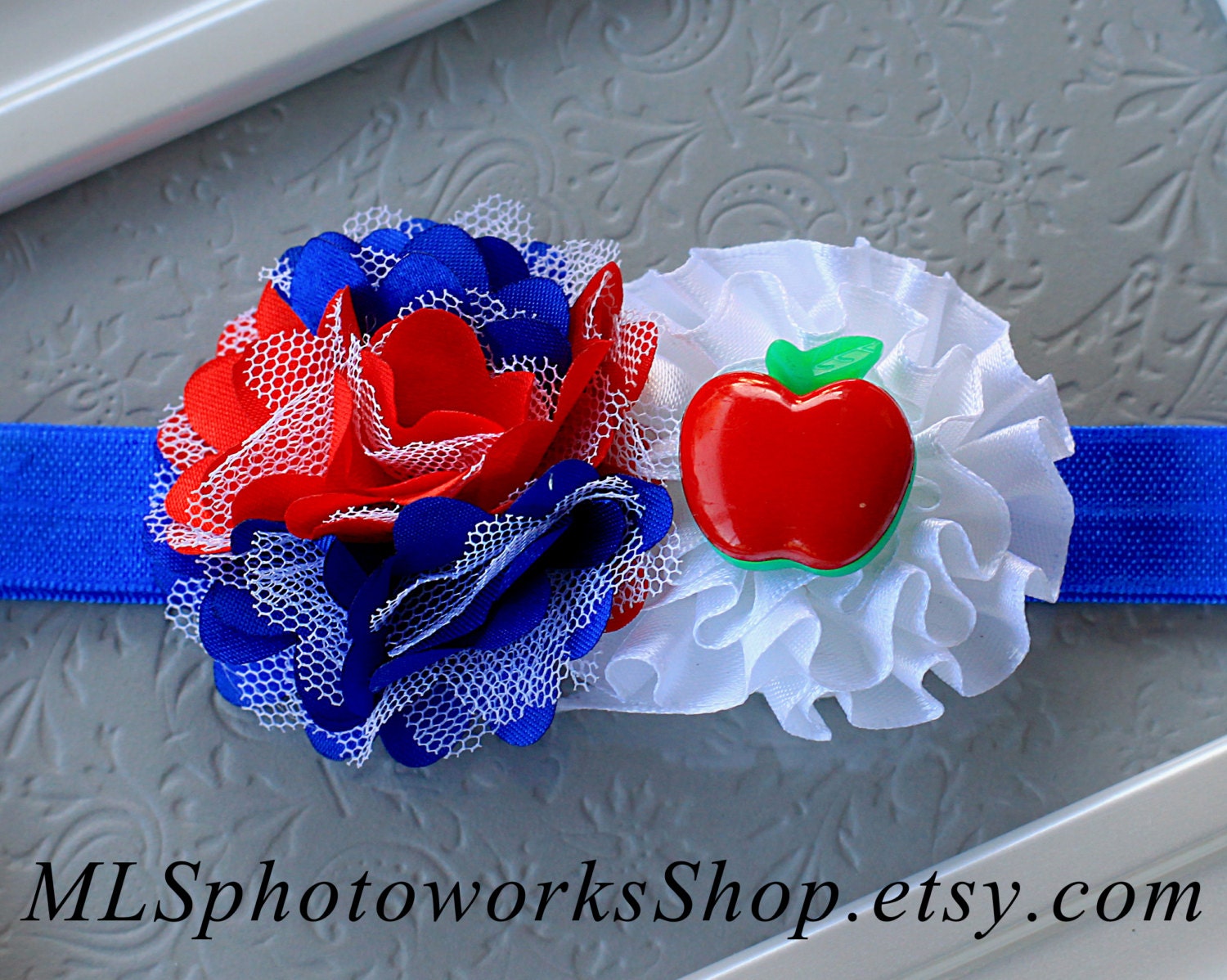 American Apple Baby Headband - Red, White & Blue 4th of July Flower Hair Bow - Country Apple Headband for Babies and Toddlers Made to Order