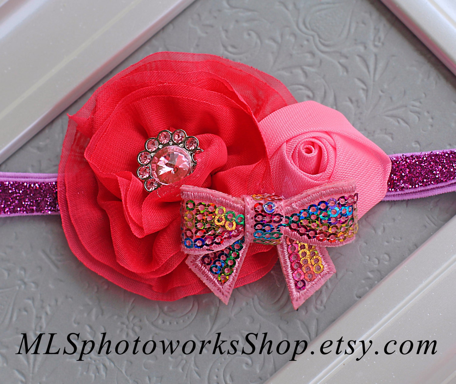 The Pink Spectrum Headband - Sparkly Hot Pink Flower Hair Bow for Baby Girls - Bright Pink Combination with Glitter and Sequins