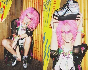 Juicebox, neon statement necklace, chunky rope, stud spikes and vintage beads, mermaid style, bib collar OOAK necklace