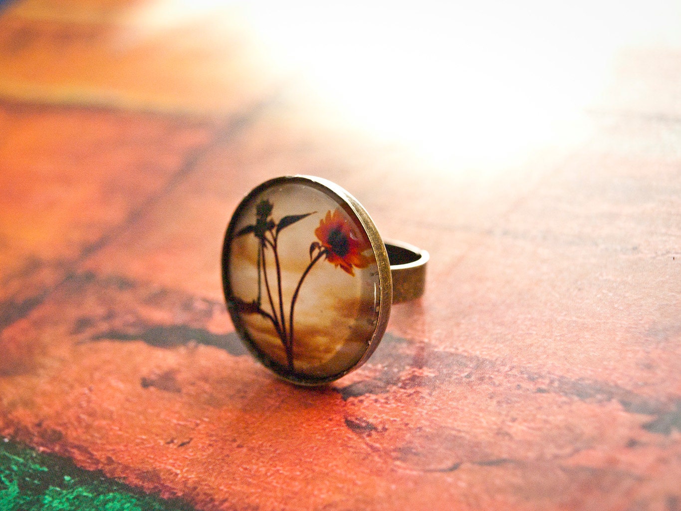 Sunflower and Clouds Photograph- Antique Bronze adjustable ring with photograph