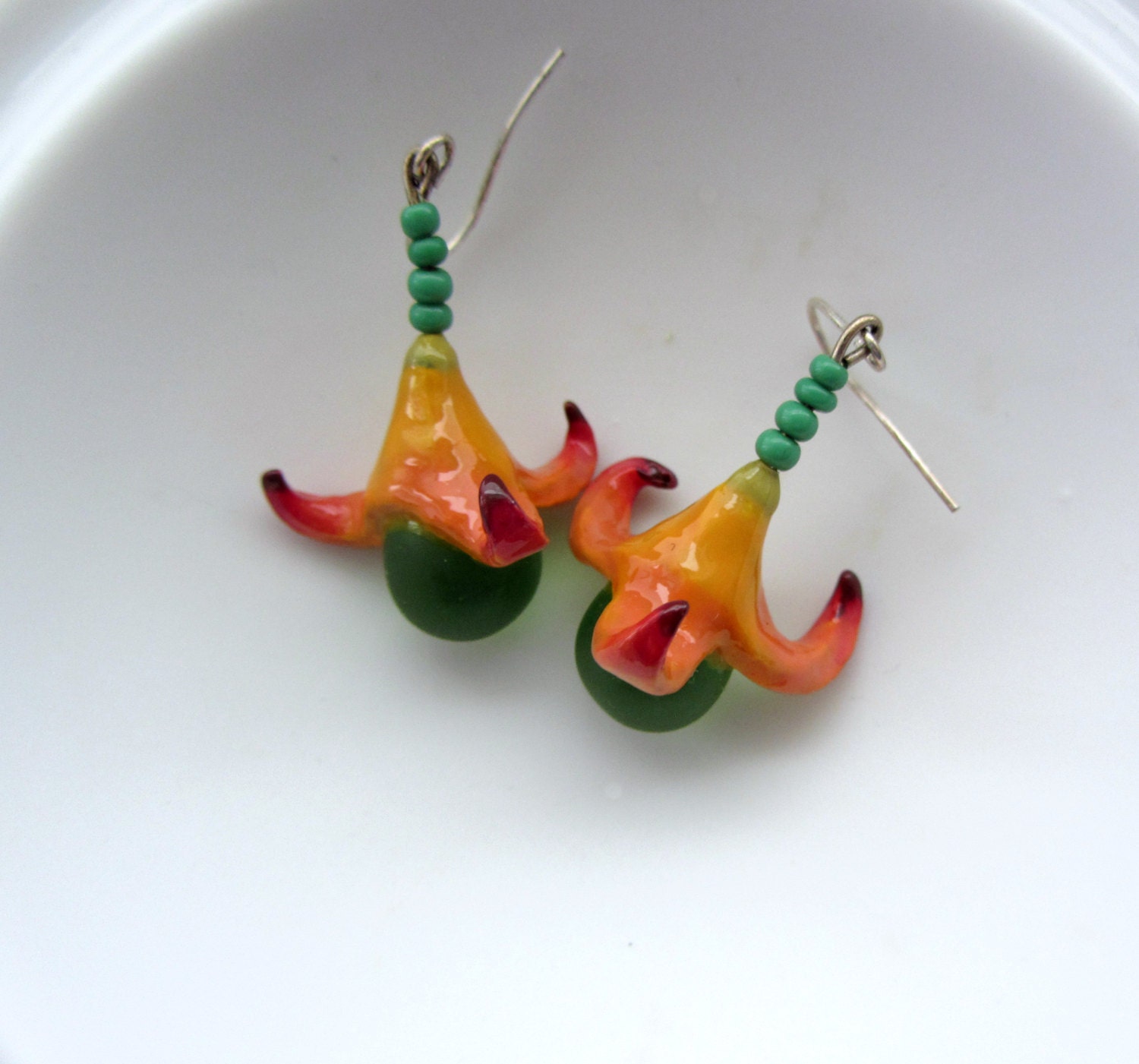 Night Flower Earrings / handmade, hand sculpted, hand painted, romantic, cute, fresh, spring, gift for her, orange, green, red, dangle