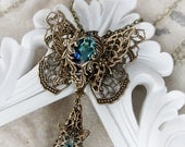 EMERGENCE romantic Victorian filigree butterfly necklace in aged brass with Swarovski crystal, free gift boxing