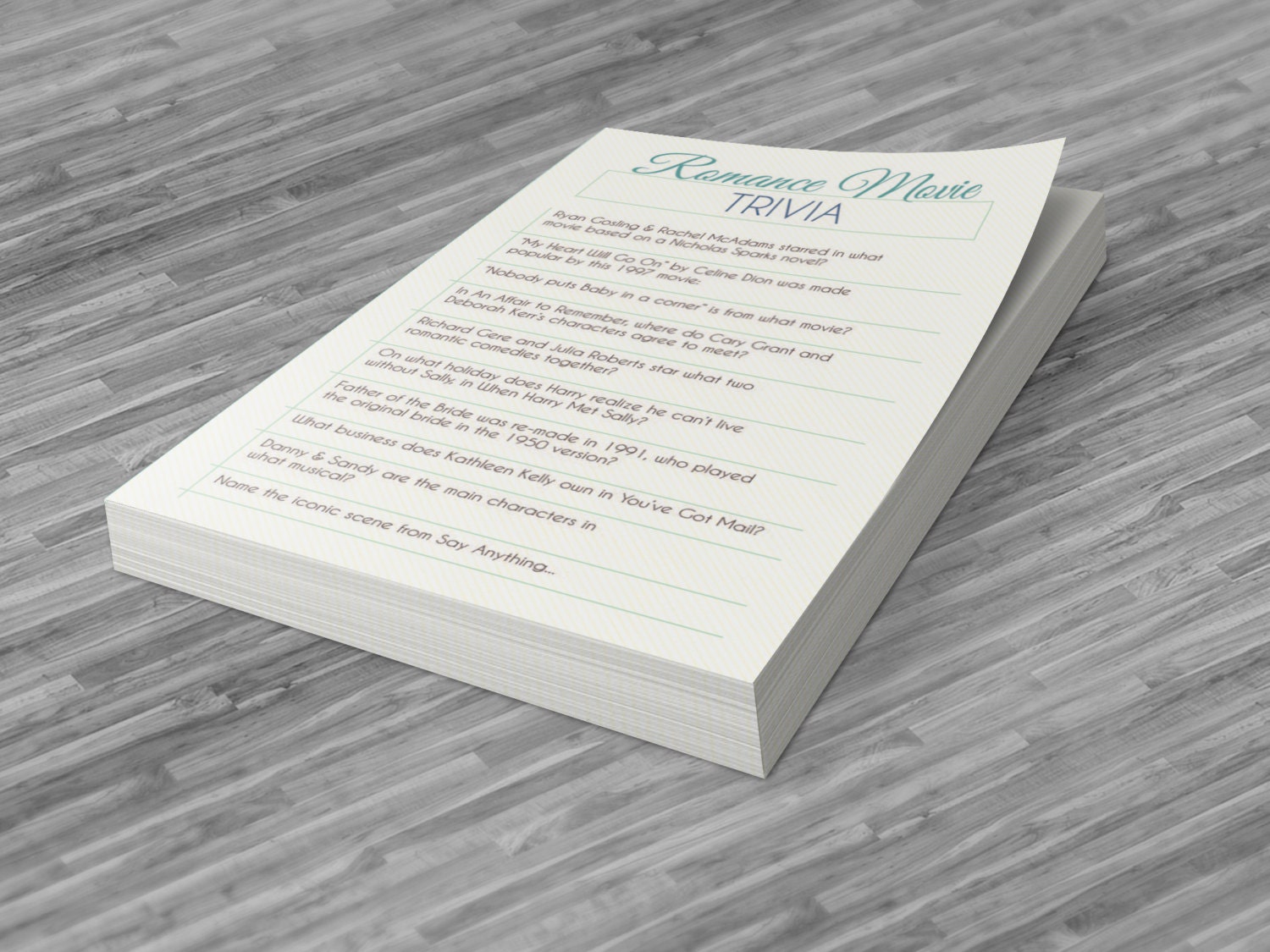 Romantic Movie Trivia Game for Bridal Showers - Instant Download - Teal