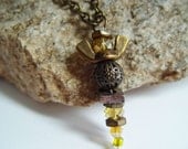 Antique Bronze and Golden Yellow Iridescent Beaded Wing Nut Angel Necklace