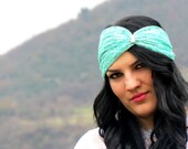 Mint Lace Headband With Pearl Button / Wide Lace aqua Headband Shadow Mint Stretch Lace Head Wrap Stretchy Bohemian Headband