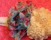 hair accessory-headband-light turquoise and pink floral pattern  4" chiffon rose with a cluster of ivory flowers on ivory headband