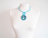 Turquoise necklace crochet ceramic pendant/ Choker simple fiber jewelry / Summer italian textile jewelry / Modern necklace / Italian jewelry