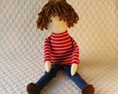 Boy Doll eco-friendly rag doll, he has bamboo yarn hair and is stuffed with bamboo fiber