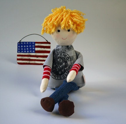Cloth Boy Doll eco-friendly rag doll, he has bamboo yarn hair and is stuffed with bamboo fiber