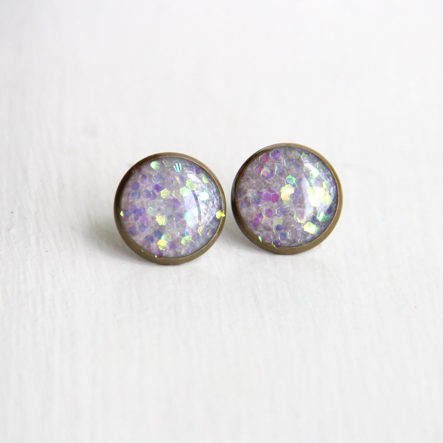 Iridescent Post Earrings, Glitter Earrings, Small Round Earrings, Sparkly Earrings, Resin Earrings