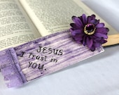 JESUS  I  trust in you  Religious fabric  Bookmarks  in Purple  with Flower and Vintage Button