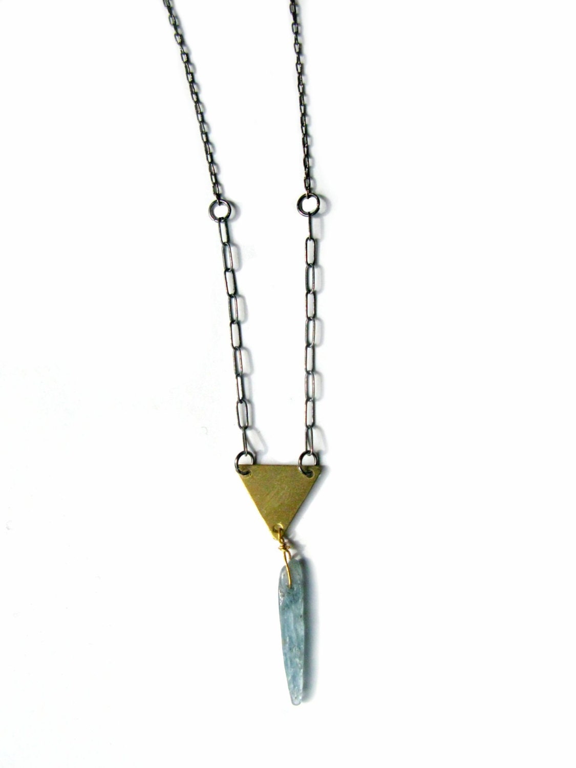 kyanite spear and brass triangle necklace