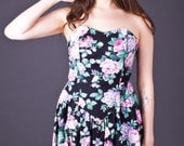 80s Vintage Strapless Floral Mini Dress in Black