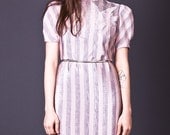80s Vintage Pink & Grey Striped Puff Sleeve Day Dress