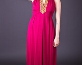 70s Vintage Jewel Trimmed Maxi Dress in Magenta