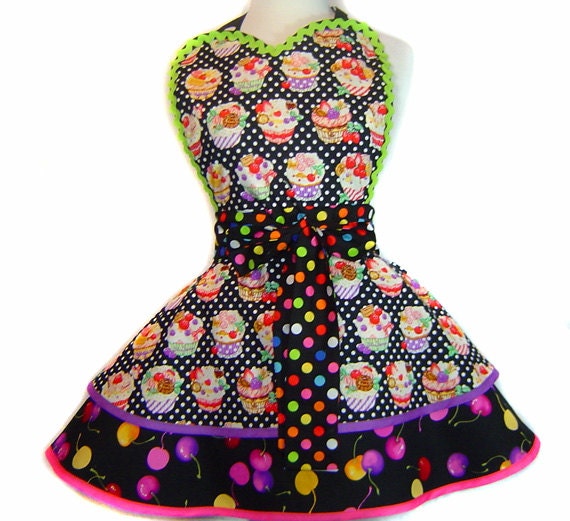 Sweet Japanese Cupcakes & Michigan Cherries Retro Diner Pinup Apron--A "Tie Me Up Aprons" Exclusive