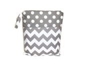 Gray chevron and dots wet bag waterproof cloth diaper zipper medium swim bathing suit pool beach boy girl polka dots wetbag