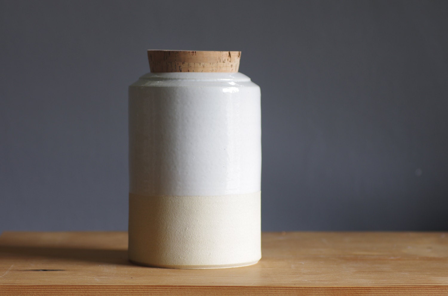SALE corked pottery jar canister. off white stoneware with white glaze. modern folk rustic