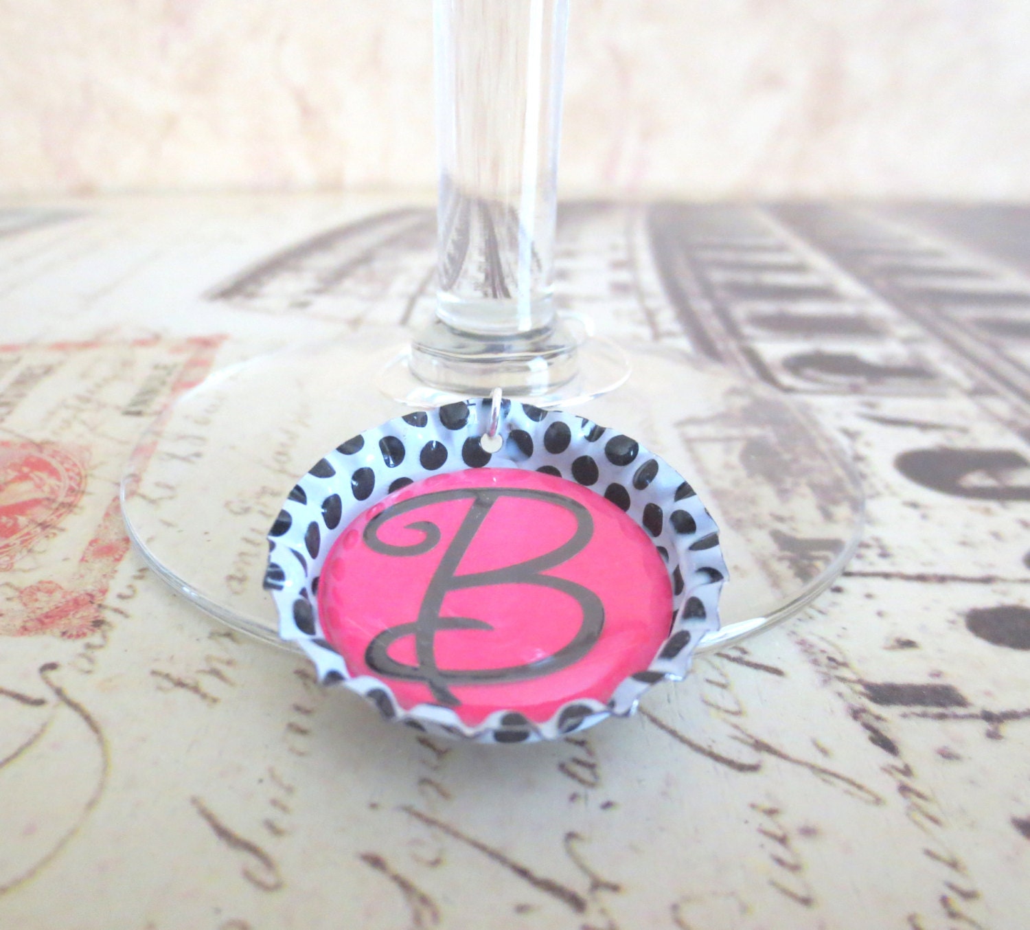 Personalized Wine Glass Charm Polka Dot Hot Pink w/Black Letter Gift