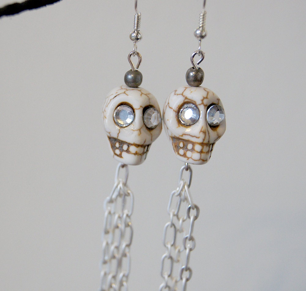White Howlite Skull Dangle Earrings