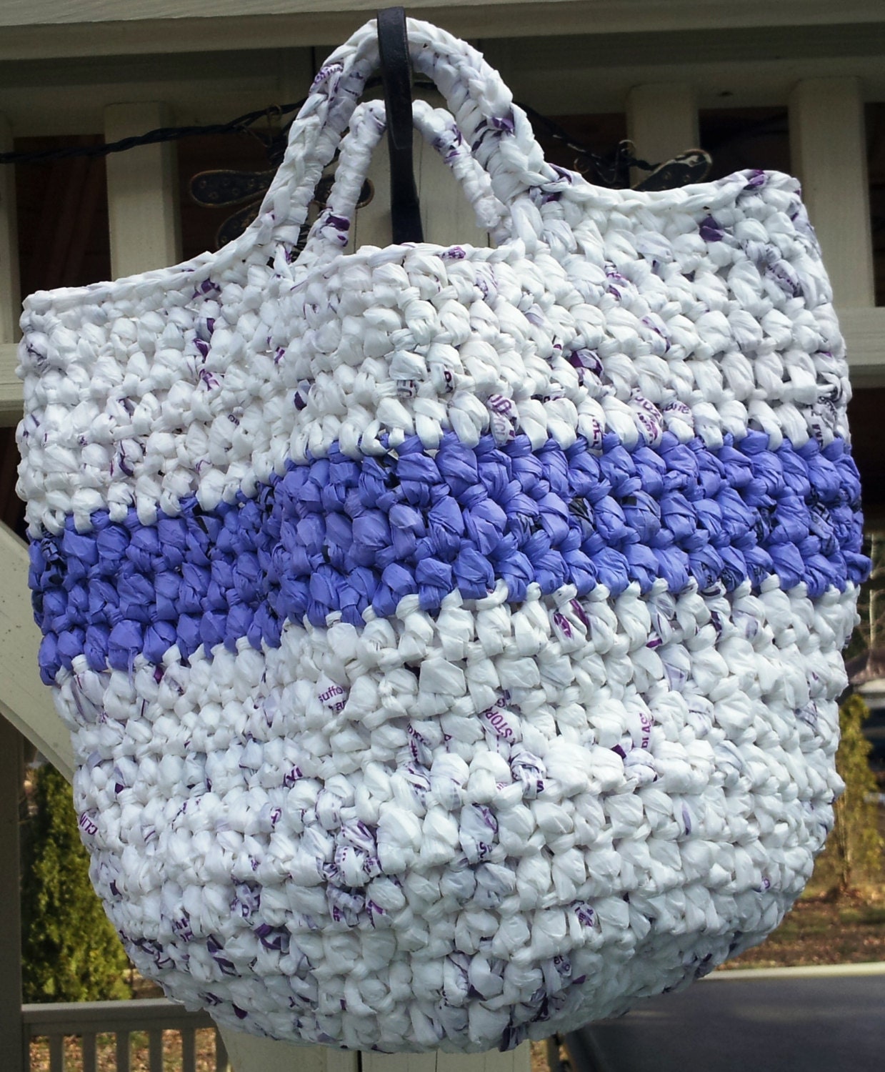 Recycled Plastic Bag Crochet Tote Bag Market Bag White Purple Eco friendly Purse Woven Bag