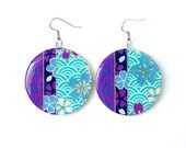 Neon Earrings Turquoise and Purple, Geometric, Waves, Cherry Blossoms, Japanese Washi Chiyogami YUzen, Dangles, MADE TO ORDER, Gift under 15