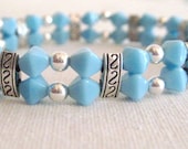 Sky Blue Glass Beaded Double Stretch Bracelet with Silver Beads - Woman-Teen-Gift
