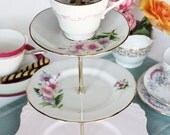 Pretty pink 3 tier dessert / cake stand / cupcake display: Tuscan and Duchess china topped with a Paragon cup, a very special tiered stand