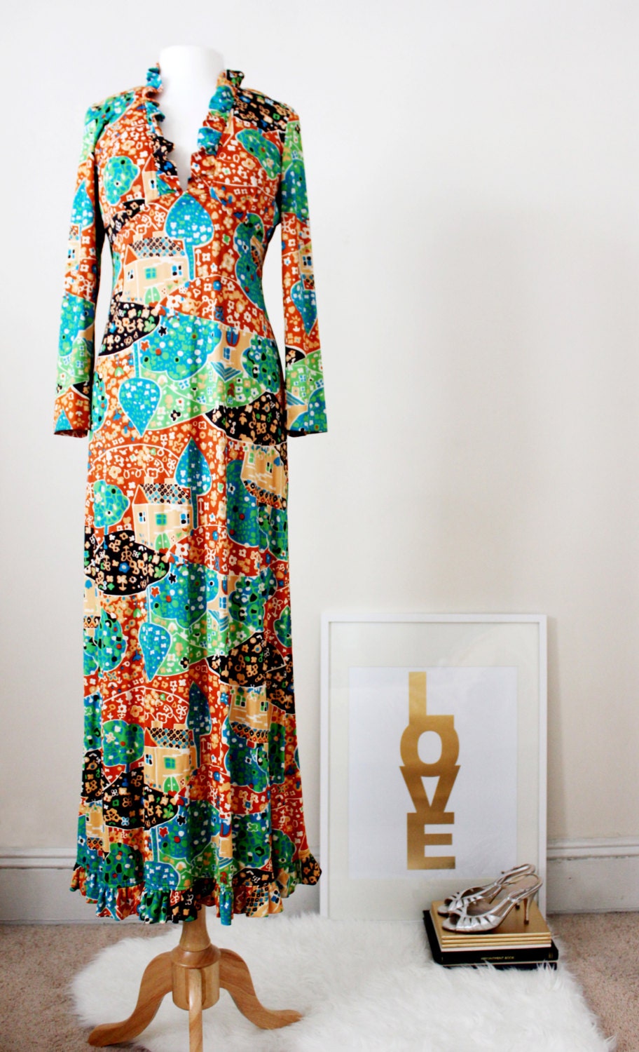 Vintage 1960's 70's Folk Art Hippie Boho Chic Maxi Dress - Silk Jersey Dress - Size Medium