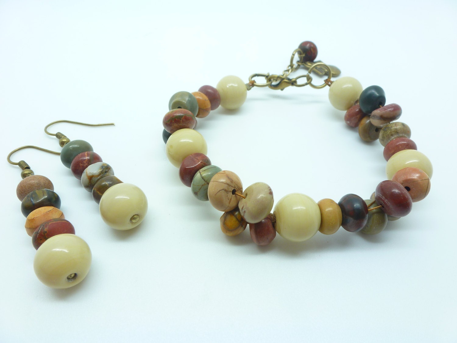 Matching Earthy Beaded Bracelet & Dangly Earring Set - Multicolour Picasso Jasper Gemstones - Moccasin Glass Beads -  "Jasper Pebbles"
