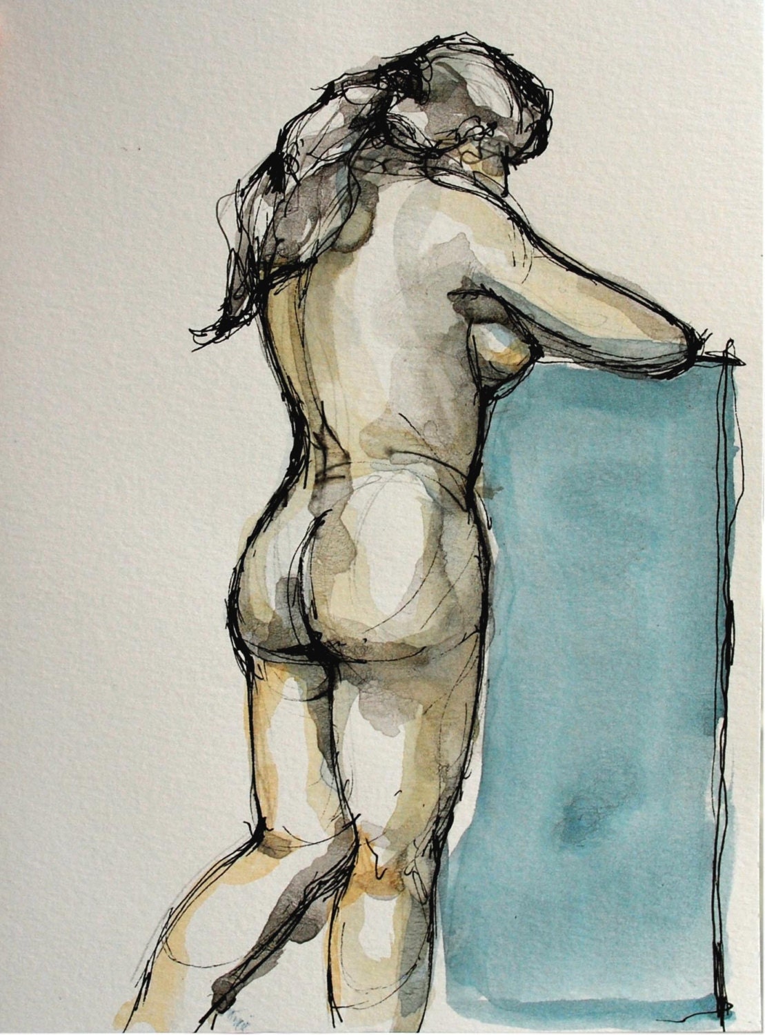Nude - Original drawing - With ink and Indian Ink pen PITT on acid free paper Sennelier. Blue / Beige / white /  Body / Female