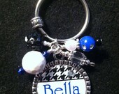 Personalized Beaded Bezel Pendant Keychain with Black Houndstooth and Blue
