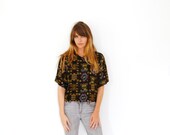 Vtg 80s Cropped Tribal Blouse Short Sleeve Psych Print Black Purple Green Large