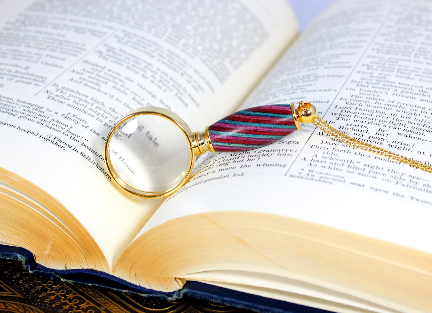 Wooden Magnifying Glass Necklace - Monocle Necklace - Jewel Tones