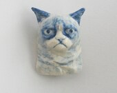 Grumpy Cat Brooch, Delft Blue Style Glazed Porcelain Co-meme-orative Minature