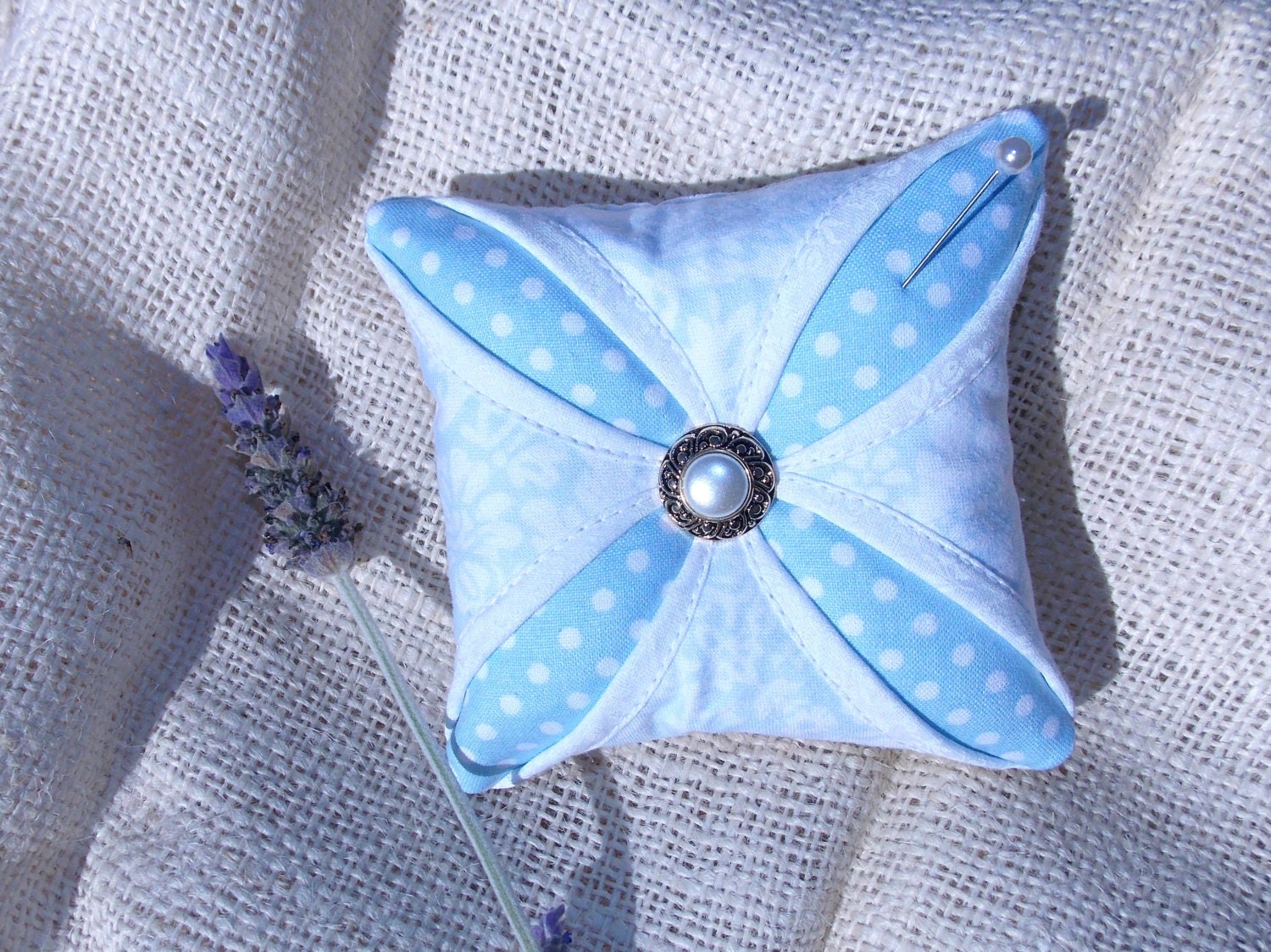 Lavender Scented Sachet Pincushion Cathedral Window Mini Pillow Shabby Chic Blue White