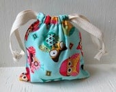 Blue Owl Drawstring Bag, Reusable Gift Bag, Pouch, Makeup Case
